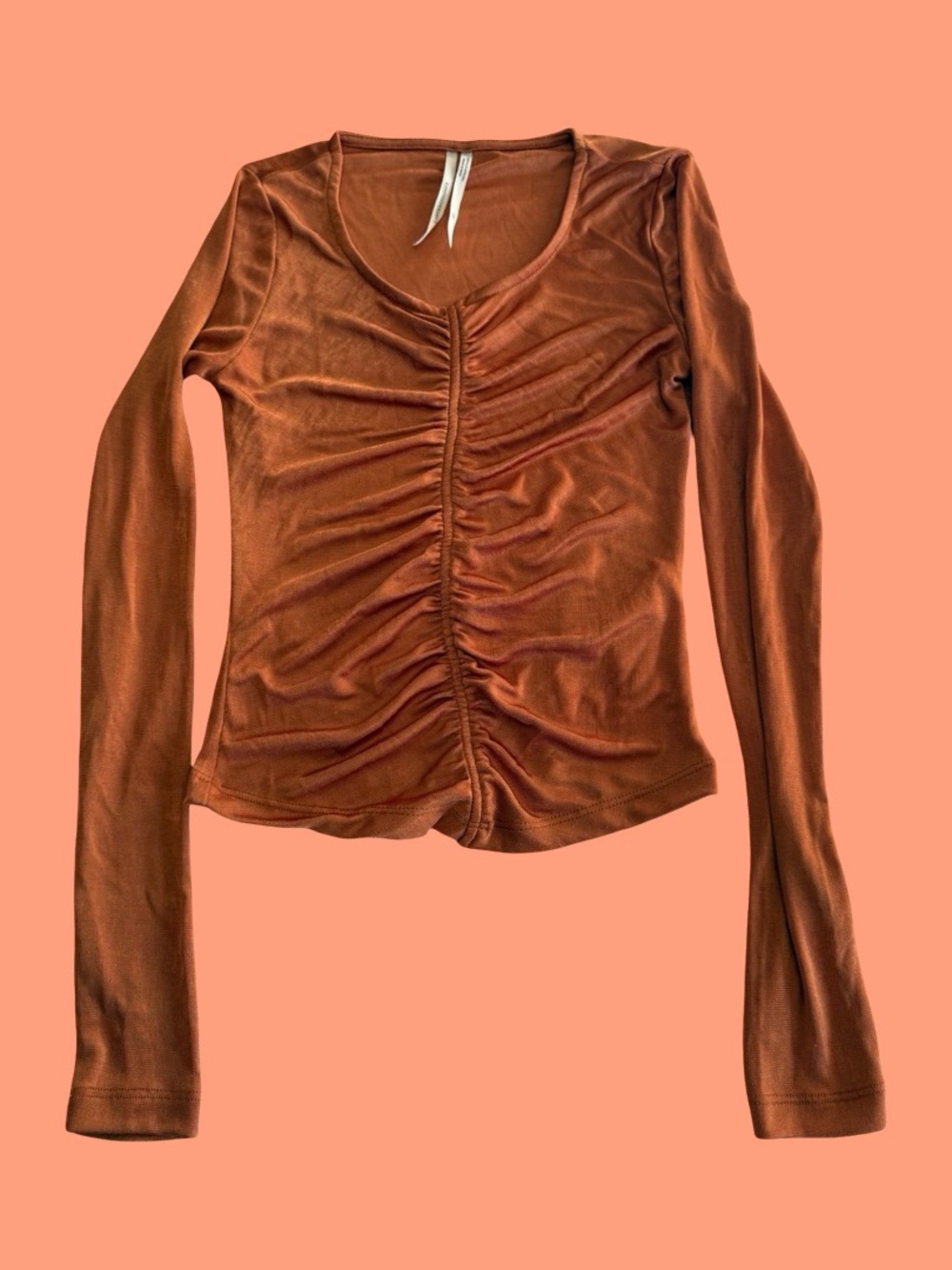 Anthropologie Shirred Mesh Long Sleeve V-Neck Top Copper